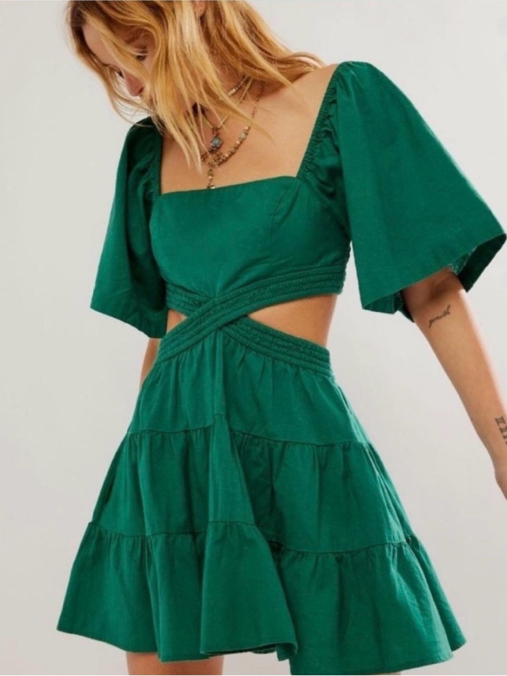 Free People Emerald Green Cutout Tiered Mini Dress